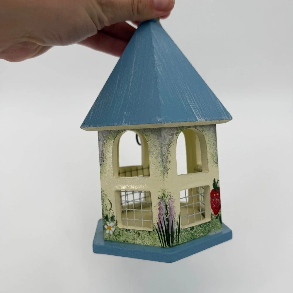Hand Painted Wooden Birdhouse Blue Gazebo Floral Fruit Garden Decor 7.5 Inch